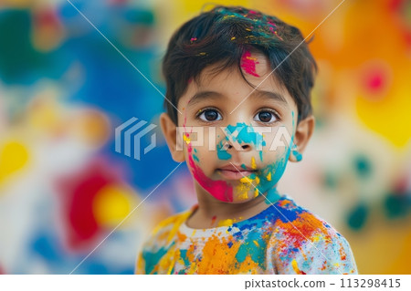 A cute little smiling boy with a painted face looks at the camera during the Indian festival Holi 113298415