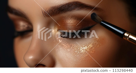 A close up of perfect winged eyeliner and shimmering eyeshadow, paired with full, fluttering lashes 113298440