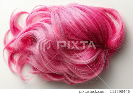 A vibrant pink bob wig with a smooth, glossy finish isolated on white 113298446
