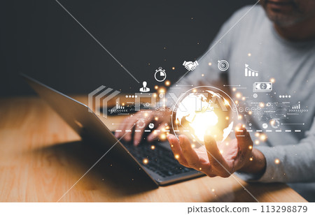 businessman Hand holding world digital Global Internet connection. Business global internet connection application IoT technology digital, marketing, financial, banking, Digital link tech, big data 113298879