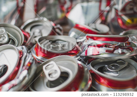 recycling concept, closeup crush a group can beer aluminium to recycle and save the environment 113298932