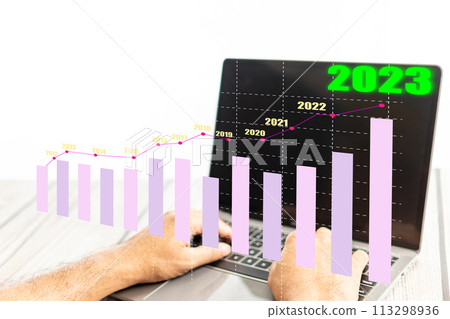 The concept for Finance, Banking, Petroleum, Real Estate, and Gold. The year 2023, Businessman are positively analyzing business growth indicators. Copy space on left for design. Blurred background The concept for Finance, Banking, Petroleum, Real Estate, and Gold. The year 2023, Businessman are positively analyzing business growth indicators. Copy space on left for design. Blurred background 113298936