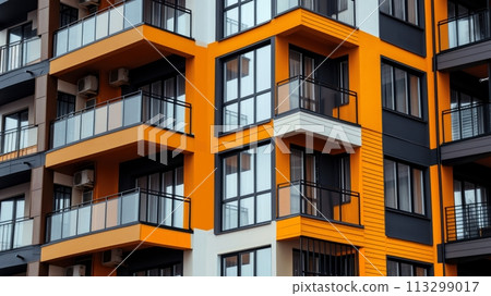 Modern apartment building with vibrant orange facade and protruding glass balconies under a blue sky 113299017