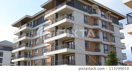 Modern multistory apartment complex with beige and wooden facades and protruding balconies 113299019