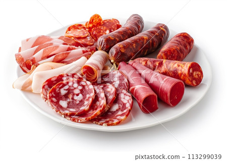Charcuterie board on white background. Italian antipasti or Spanish tapas 113299039