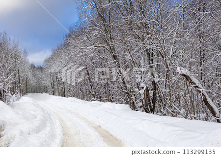 Beautiful winter landscape, country road and trees covered with snow. Winter nature background Beautiful winter landscape, country road and trees covered with snow. Winter nature background 113299135