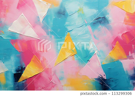 Colorful abstract oil painting background banner. Design with pink, teal and yellow triangles. AI generated image 113299306