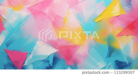 多彩抽象油畫背景水平橫幅。使用粉紅色、青色和黃色三角形的設計。 AI生成影像 多彩抽象油畫背景水平橫幅。使用粉紅色、青色和黃色三角形的設計。 AI生成影像 113299307