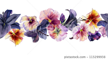 Hand drawn watercolor illustration shabby boho botanical flowers. Dark lily clivia amaryllis, pansy viola violet. Seamless banner isolated on white background. Design wedding suite, love cards, shop Hand drawn watercolor illustration shabby boho botanical flowers. Dark lily clivia amaryllis, pansy viola violet. Seamless banner isolated on white background. Design wedding suite, love cards, shop 113299938