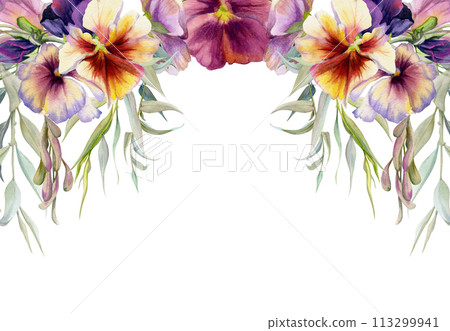 Hand drawn watercolor illustration, victorian botanical flowers leaves. Pansy viola, willow eucalyptus branch, ash maple keys seeds. Frame isolated on white background. Design wedding, love cards 113299941