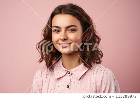 A woman with brown hair and a pink shirt is smiling A woman with brown hair and a pink shirt is smiling 113299972
