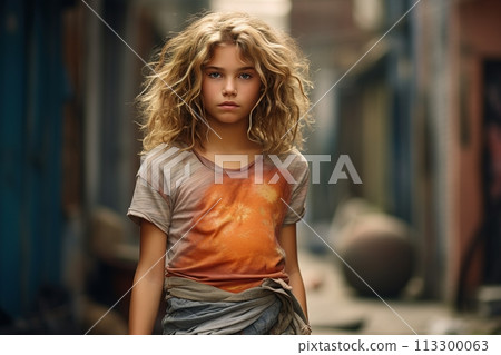 A girl with long hair is wearing an orange shirt and standing in a city alley 113300063