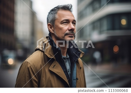 A man wearing a brown coat and a scarf stands on a city street 113300068