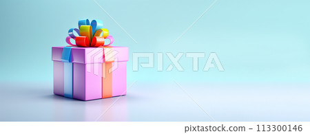 Gift box purple. Christmas present. Purple gift box with colorful bow on minimal blue background. Banner for design. Copy space. AI generated 113300146