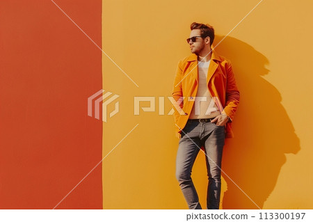 A man in a yellow jacket stands in front of a... - Stock Illustration ...