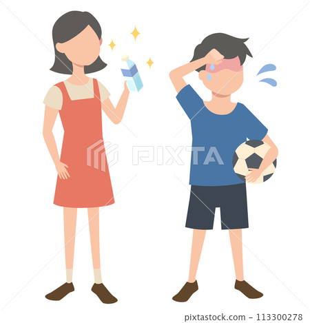Illustration of a sweaty boy and a girl holding water 113300278
