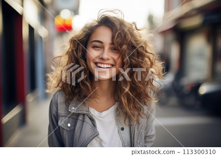 A woman with curly hair is smiling and standing on a street 113300310