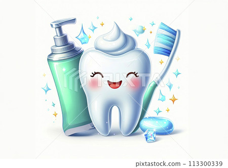 A happy tooth illustration. Cartoon dental character. Cute dentist mascot. Medical dentist tool. A happy tooth illustration. Cartoon dental character. Cute dentist mascot. Medical dentist tool. 113300339