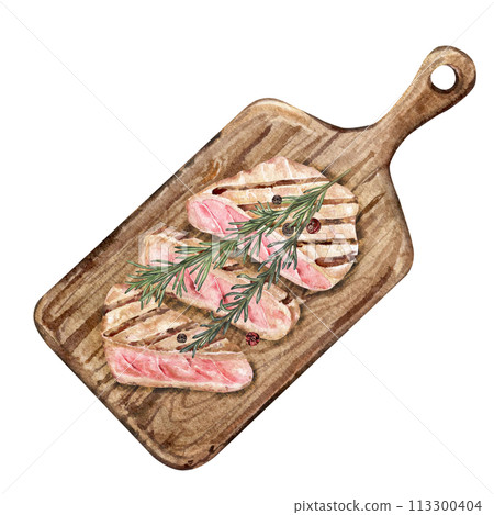 Grilled tuna steak served on a wooden cutting board 113300404