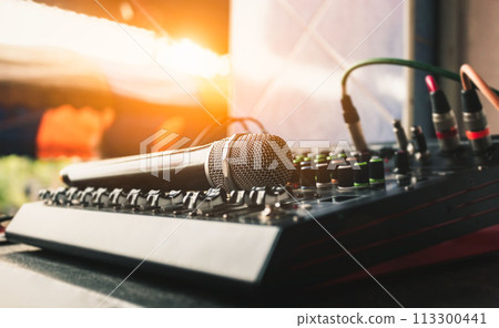 Close-up microphone and sound mixer in studio for sound record control system and audio equipment and music instrument. 113300441