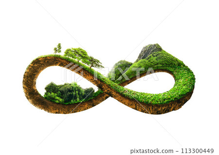 3d illustration of infinity environment concept. infinite earth land with green grass isolated. Eco and circular economy concept. 113300449