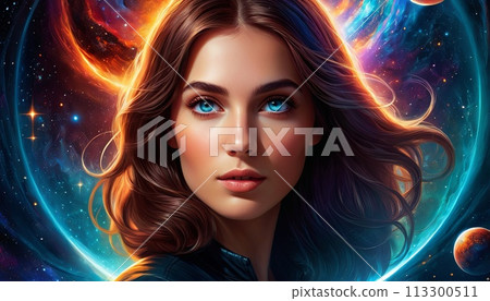 Woman amidst vibrant cosmic scenery, planets orbiting nearby. Represents intersection of humanity and infinite universe. Ideal for themes of exploration, mystery. 113300511