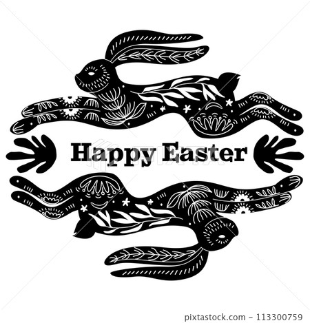 Black Happy Easter Linocut Composition  113300759