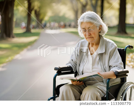 Senior woman reading in a wheelchair 113300770