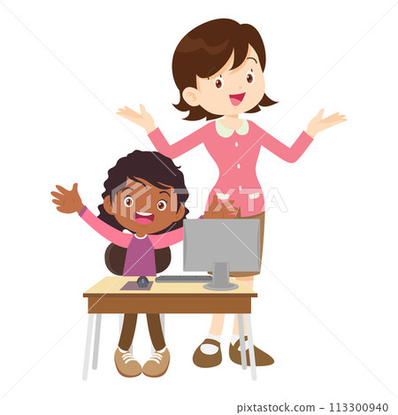 happy teacher and student learning computer 113300940