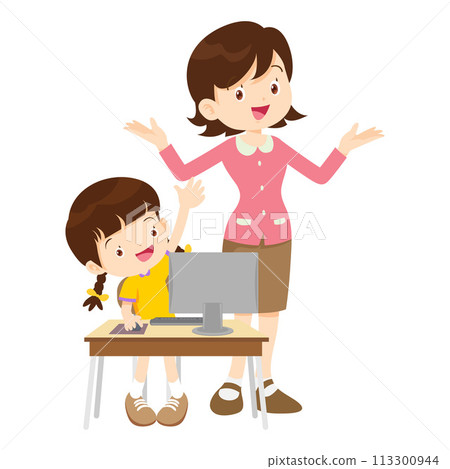 happy teacher and student learning computer 113300944
