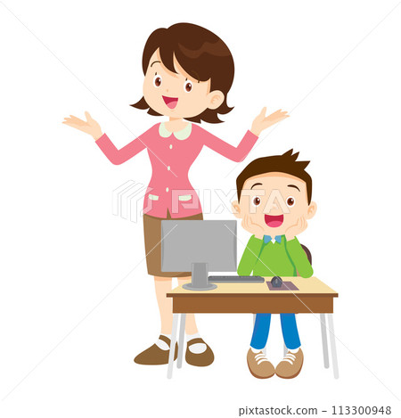 happy teacher and student learning computer 113300948