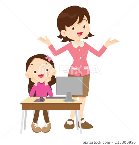 happy teacher and student learning computer 113300956