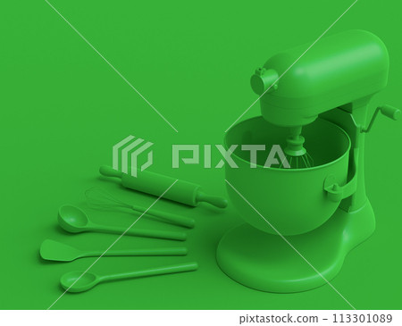 Mixer and cookie cutters with kitchen utensil for making cookies on monochrome Mixer and cookie cutters with kitchen utensil for making cookies on monochrome 113301089