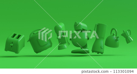 Electric kitchen appliances and utensils for making culinary on green monochrome 113301094