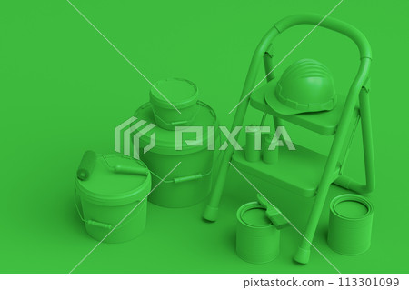 Set of folding ladder, bucket, helmet with paint rollers and brushes Set of folding ladder, bucket, helmet with paint rollers and brushes 113301099