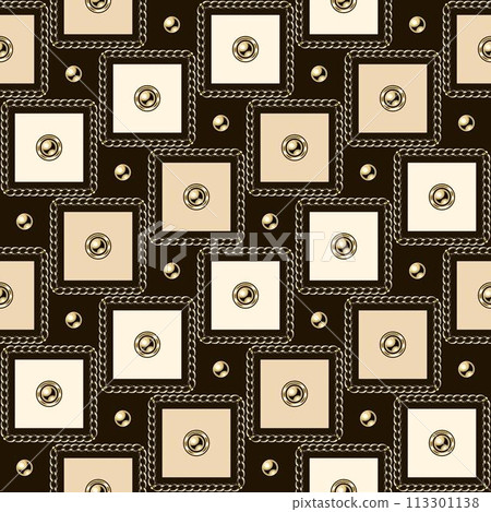 Jewelry seamless pattern with golden chains, beads, small squares. Diagonal classic grid. Detailed high contrast illustration in luxury vintage style. 113301138