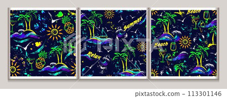 Summer holiday seamless patterns with tropical island, sun icon, ocean sea waves, pineapple. Paint brush strokes, splattered paint. Bright glowing neon colors Outline, contour illustrations Summer holiday seamless patterns with tropical island, sun icon, ocean sea waves, pineapple. Paint brush strokes, splattered paint. Bright glowing neon colors Outline, contour illustrations 113301146