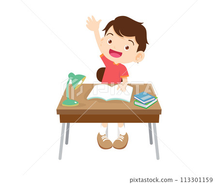 cute student sitting on desk working for homework 113301159