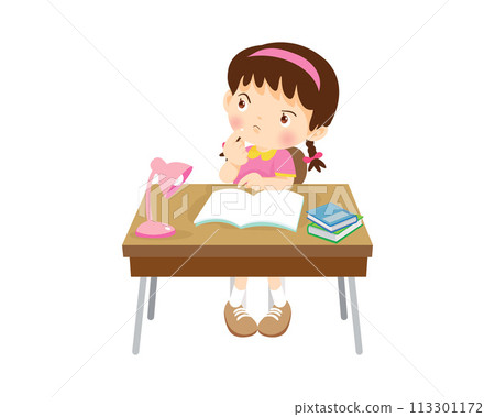 cute student sitting on desk working for homework cute student sitting on desk working for homework 113301172
