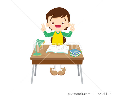 cute student sitting on desk working for homework 113301192