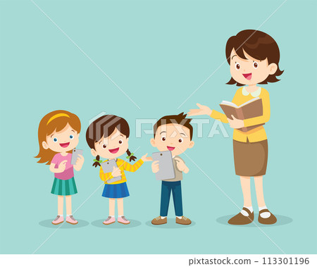 teacher and kids learning computer technology education teacher and kids learning computer technology education 113301196