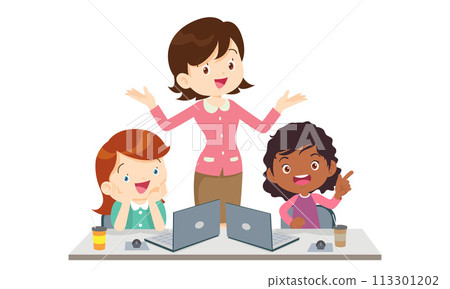 teacher and kids learning computer technology education teacher and kids learning computer technology education 113301202