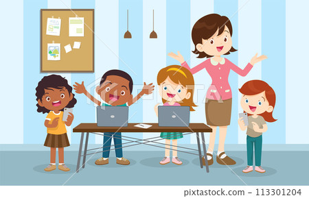 teacher and kids learning computer technology education 113301204