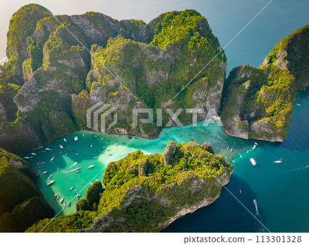 An aerial view of the small Phi Phi island in the middle of the sea 113301328