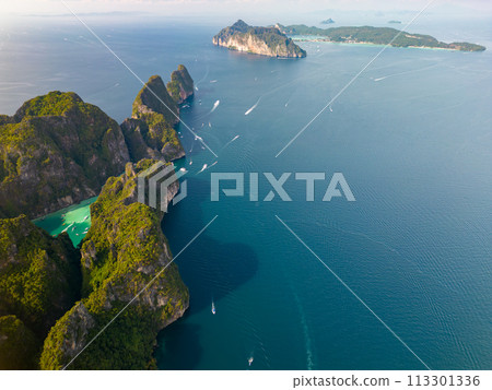 An aerial view of the small Phi Phi island in the middle of the sea 113301336