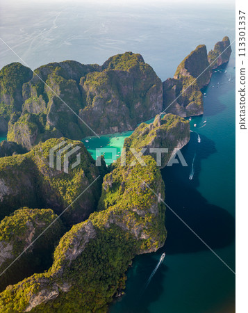 An aerial view of the small Phi Phi island in the middle of the sea 113301337