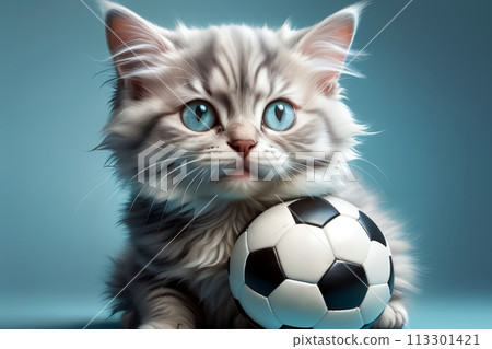 cat in a t-shirt with a soccer ball, isolated on a blue background 113301421