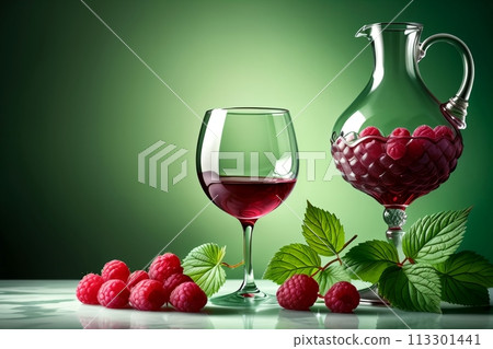 raspberry liqueur, wine in a glass isolated on a green background 113301441