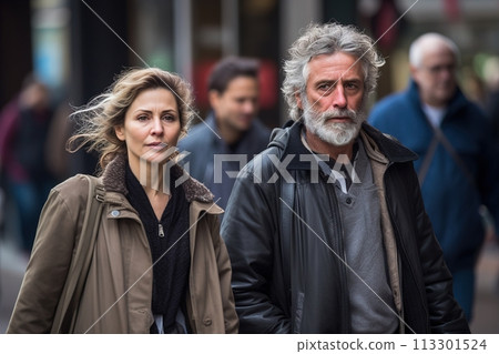 A man and a woman are walking down a street 113301524