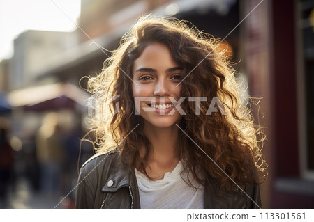 A woman with long brown hair is smiling and standing in front of a building 113301561